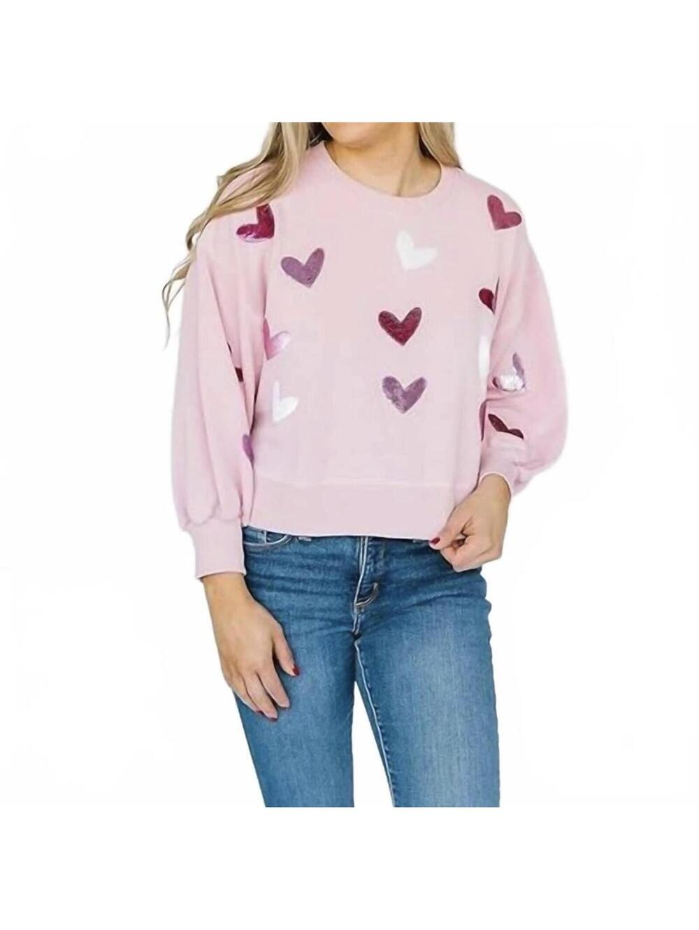 Mary Square Millie Hearts Women's Sequin Pink Valentine Sweatshirt Size L